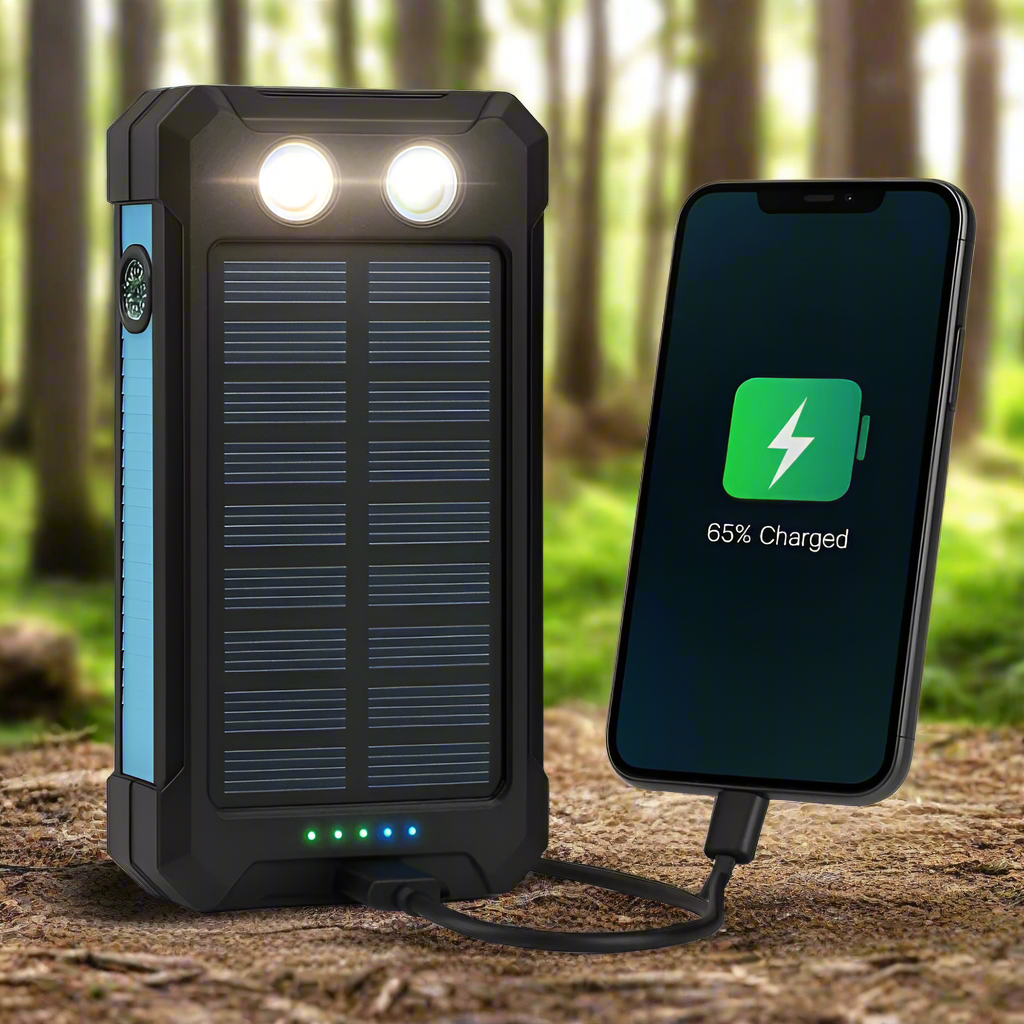Solar power bank with a phone showing charging status on a white background