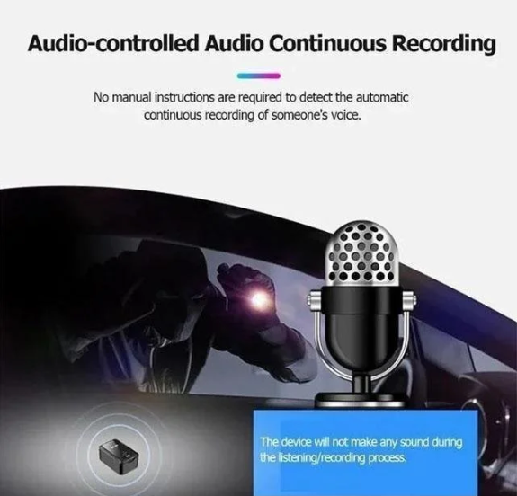 Microphone with text about audio-controlled continuous recording on a white background