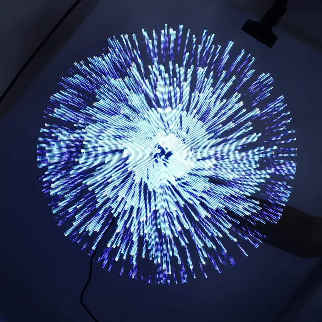 Blue LED light display on a dark background
