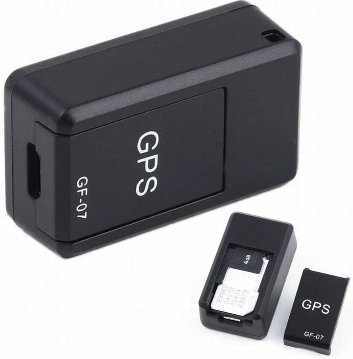 Black GPS tracker device with SIM card tray on a white background