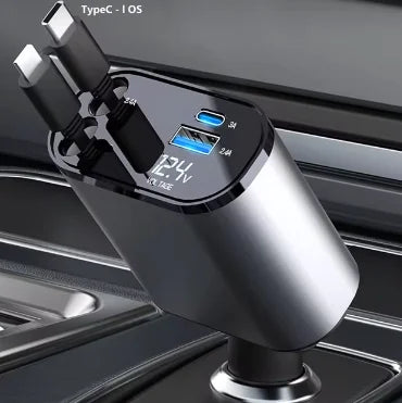 Car charger with multiple ports and a digital display on a car dashboard.