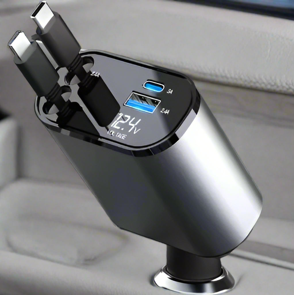 Car charger with multiple ports and a digital display on a car dashboard.