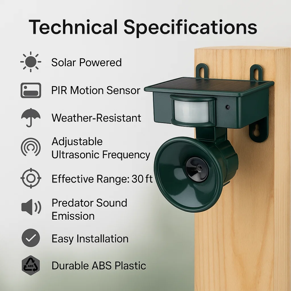 Solar-powered pest deterrent device with motion sensor on a wooden post, featuring technical specifications.