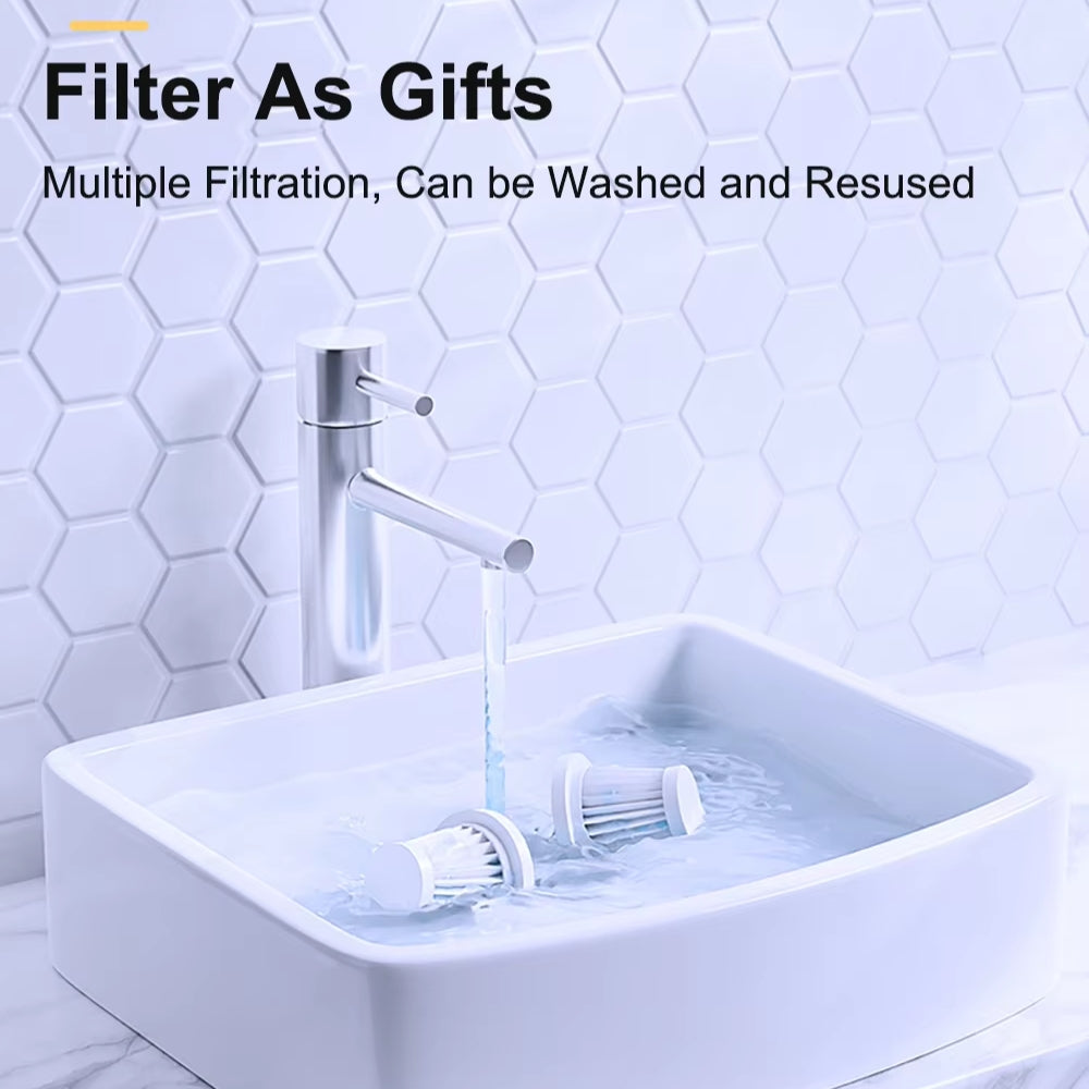 Filter being washed in a sink with text 'Filter As Gifts' and 'Multiple Filtration, Can be Washed and Reused'.