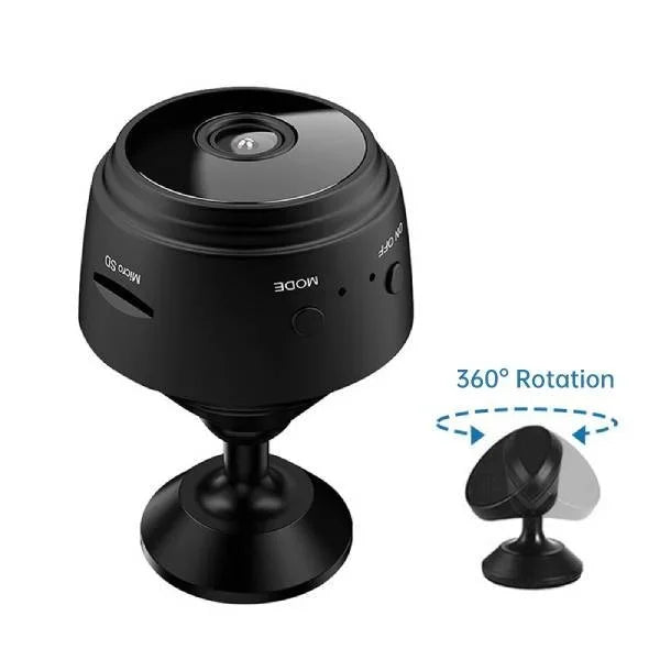 Black security camera with 360-degree rotation feature on a white background