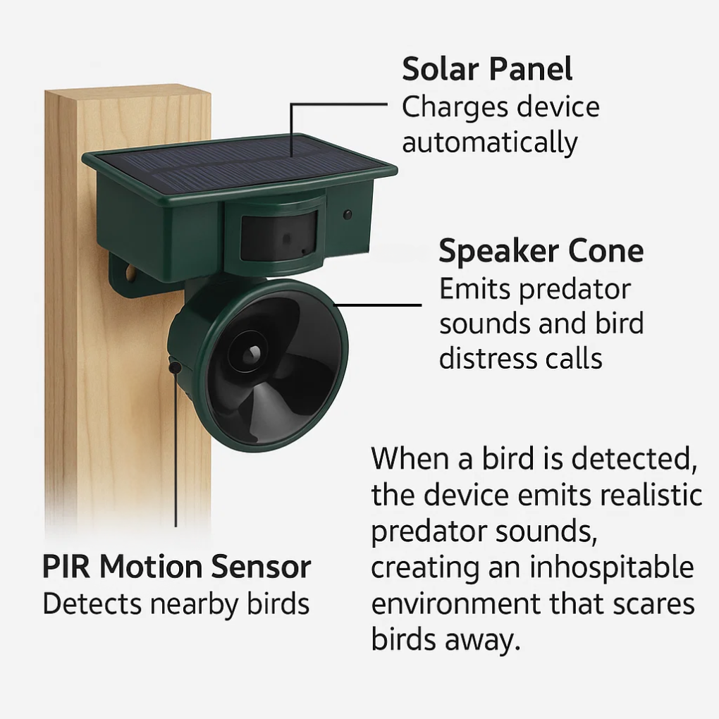 Bird deterrent device with solar panel, speaker cone, and PIR motion sensor on a white background.