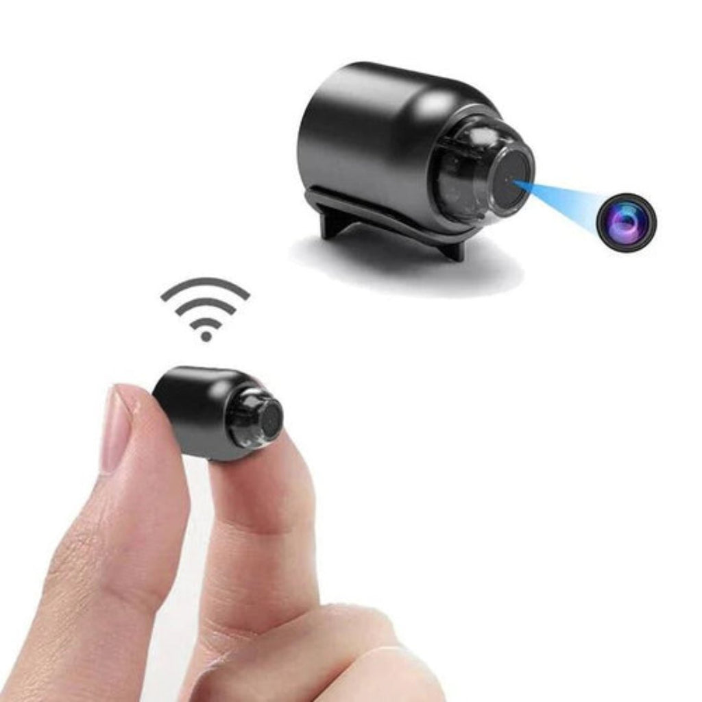 Small black camera with wireless icon on a white background