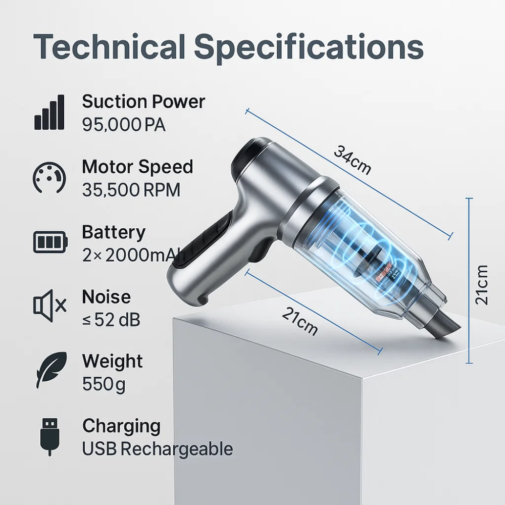 Technical specifications of a handheld vacuum cleaner with dimensions and features listed.