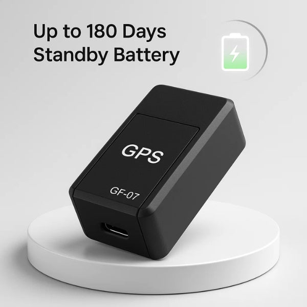 Black GPS tracker with 'GF-07' on a white platform, showing 'Up to 180 Days Standby Battery' text.