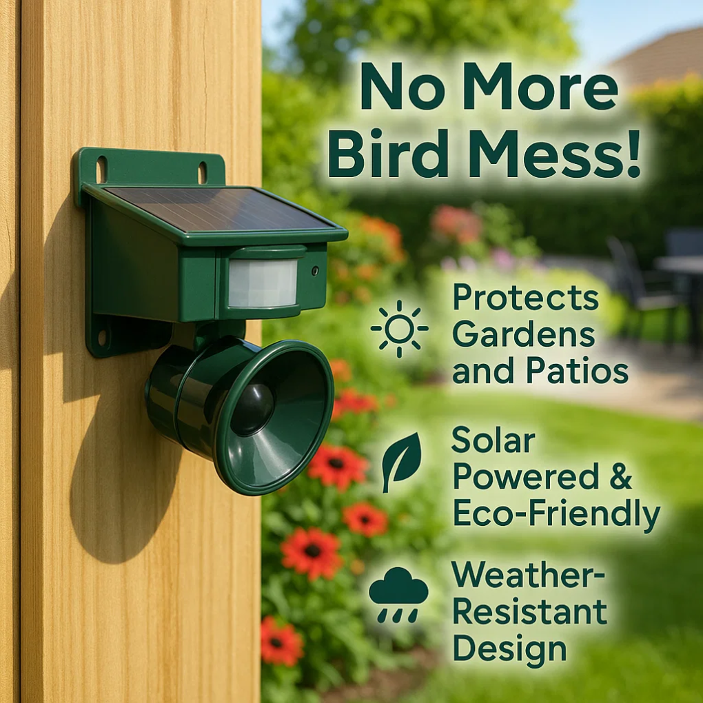 Solar-powered device on a wooden post with garden background, promoting bird deterrent.