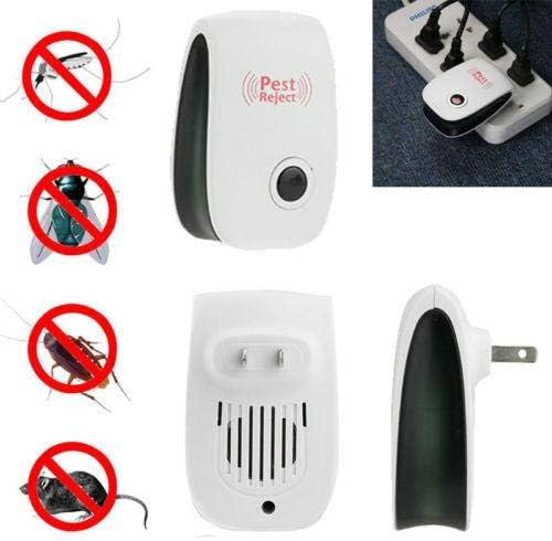 Pest control device with pest symbols and power adapter on a white background