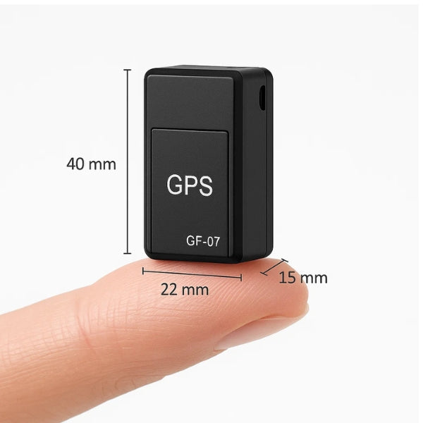 Small black GPS tracker labeled GF-07 held between a thumb and forefinger with dimensions indicated.