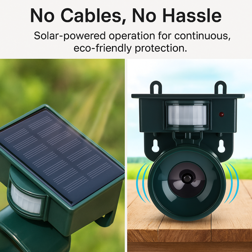 Solar-powered pest control device with solar panel and motion sensor on a wooden surface.