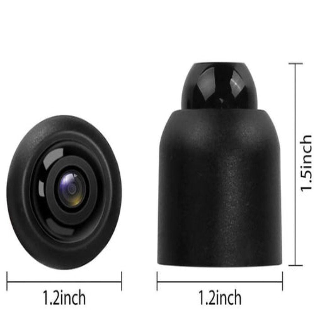 Black camera lens with dimensions indicated on a white background