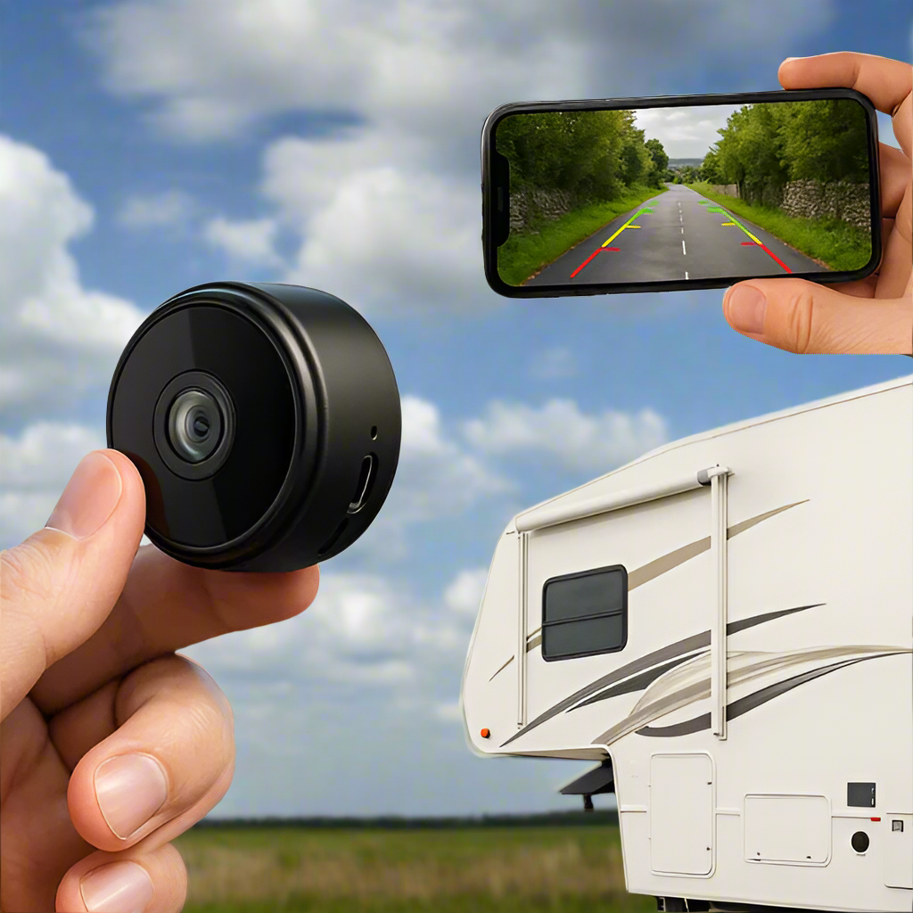 Small black camera held by a hand with a phone displaying a road view, and an RV in the background.