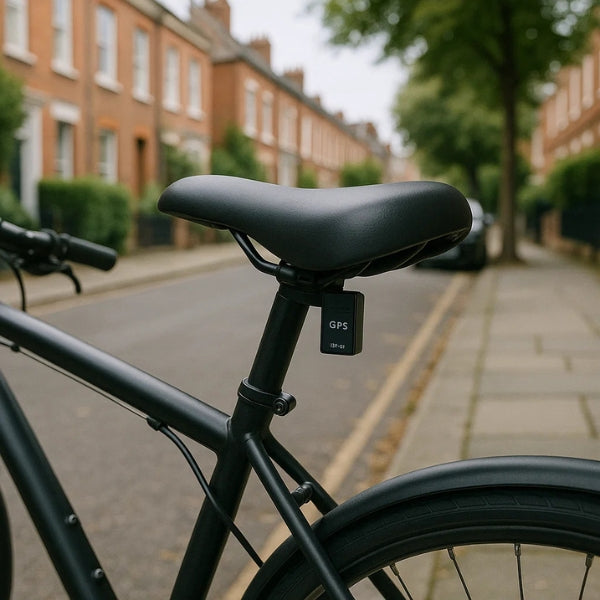 Black bicycle with a GPS device on a street with blurred buildings and trees in the background