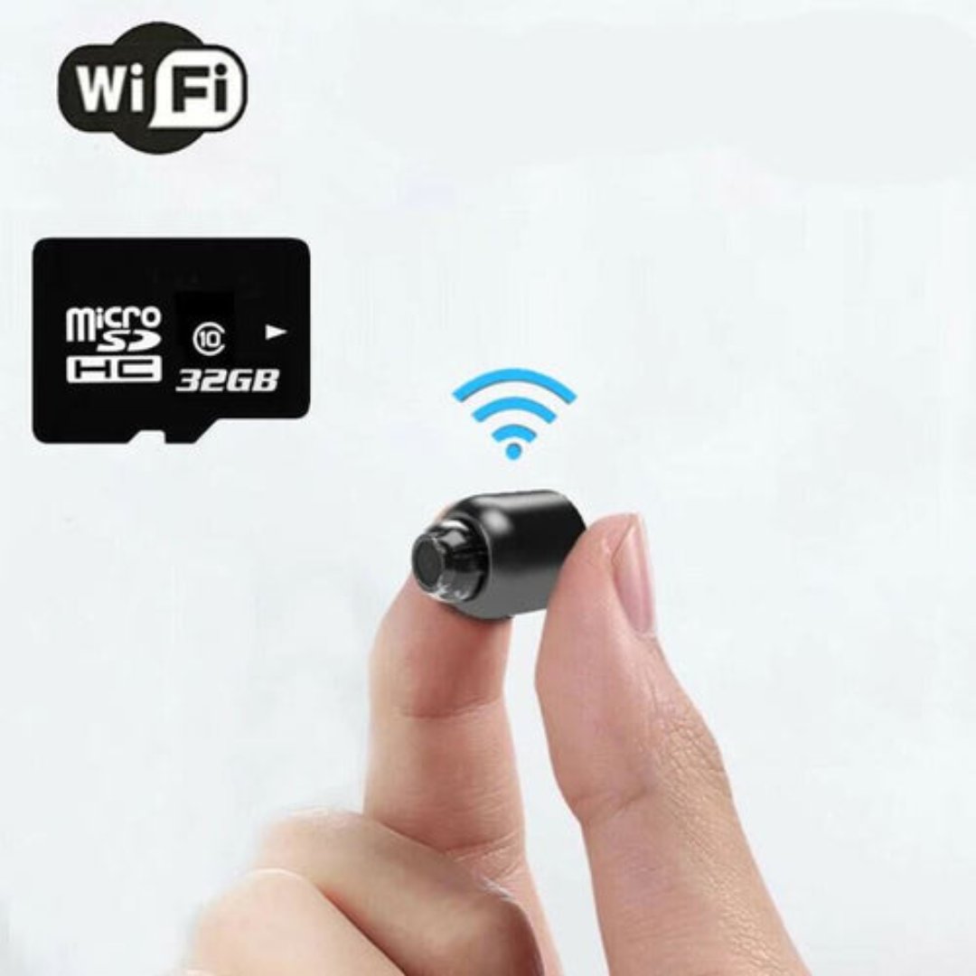Micro SD card with a small camera device held between fingers, WiFi icon above.