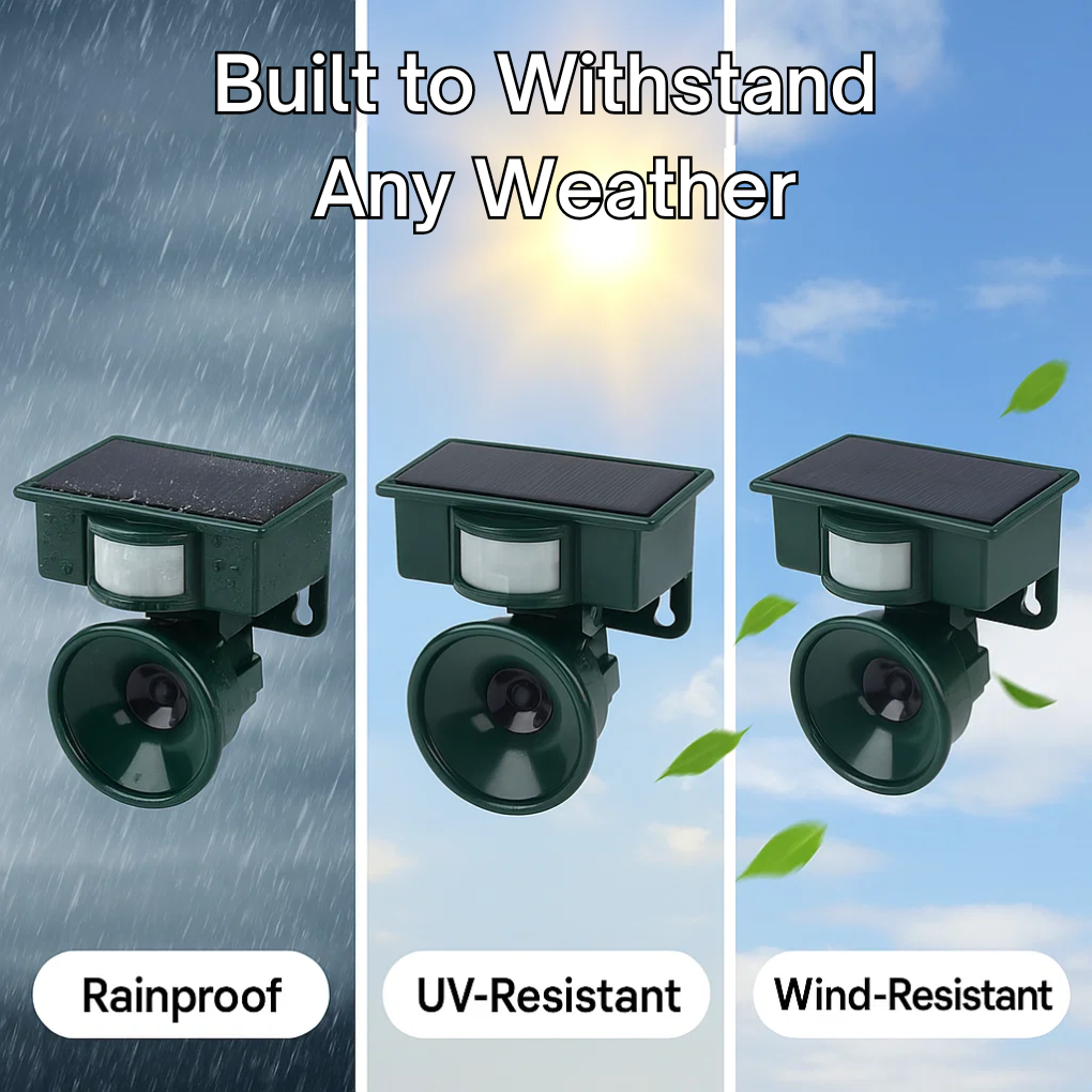 Three outdoor motion sensors with text indicating weather resistance on a background of rain, sun, and sky.