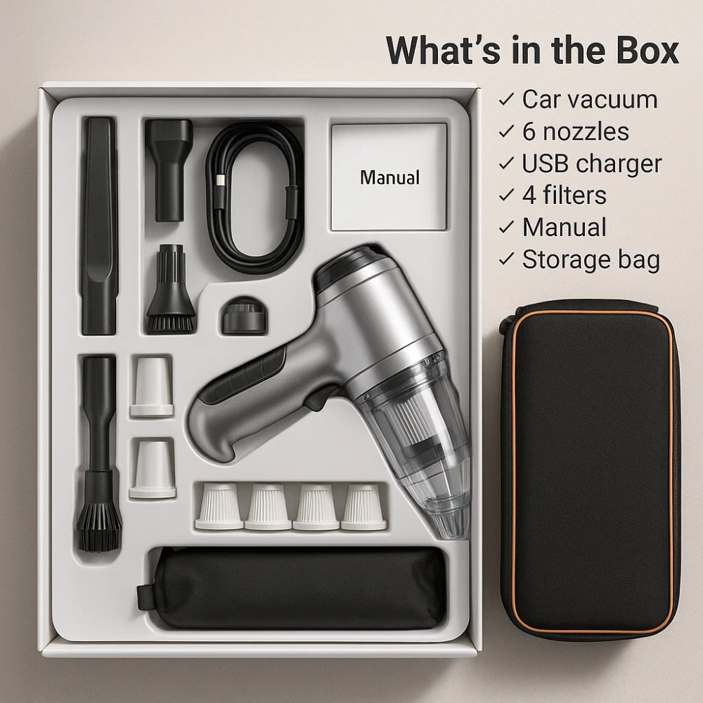 Car vacuum cleaner set with accessories in a box on a beige background
