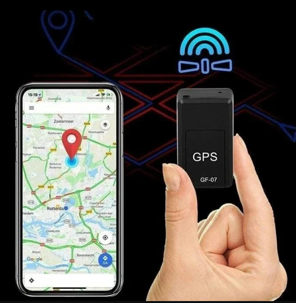 Hand holding a GPS tracker device with a smartphone displaying a map on a black background