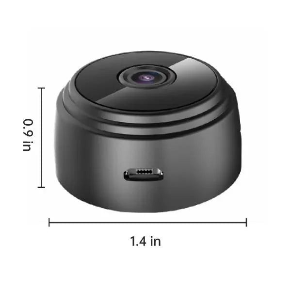 Small black camera with dimensions indicated on a white background
