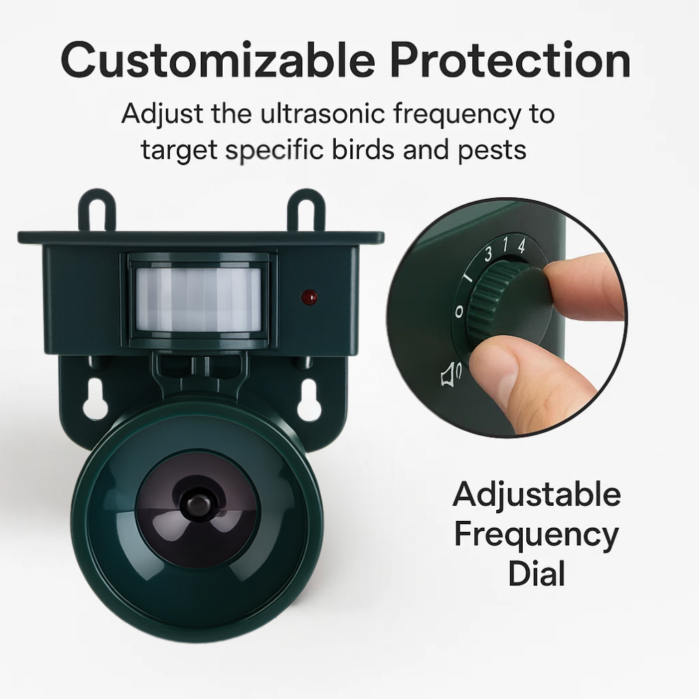 Ultrasonic pest deterrent with adjustable frequency dial on a white background