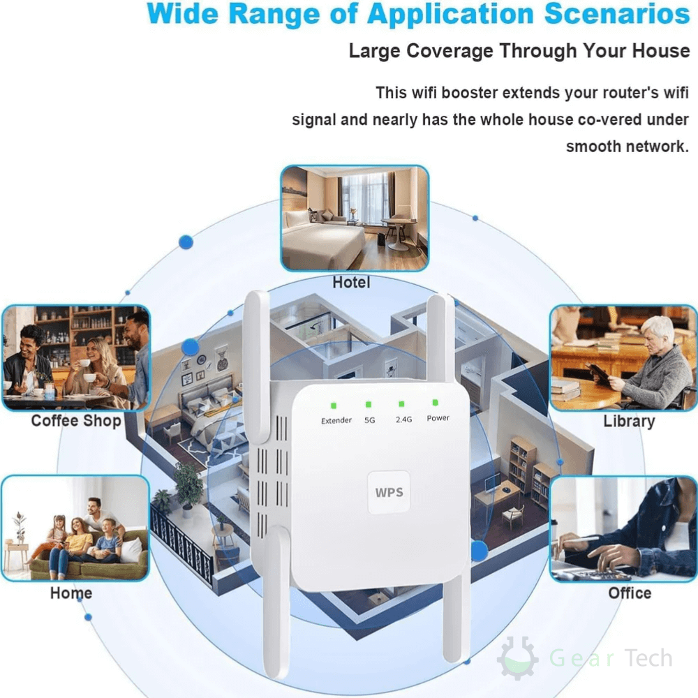 Wi-Fi booster device with application scenarios including home, office, hotel, library, and coffee shop.