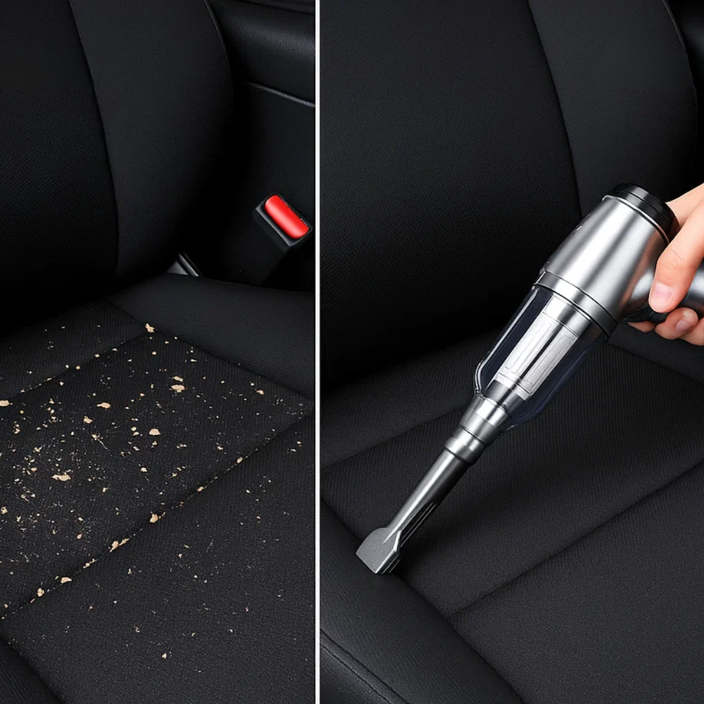 Car seat with dirt before cleaning and a hand holding a handheld vacuum cleaner after cleaning.