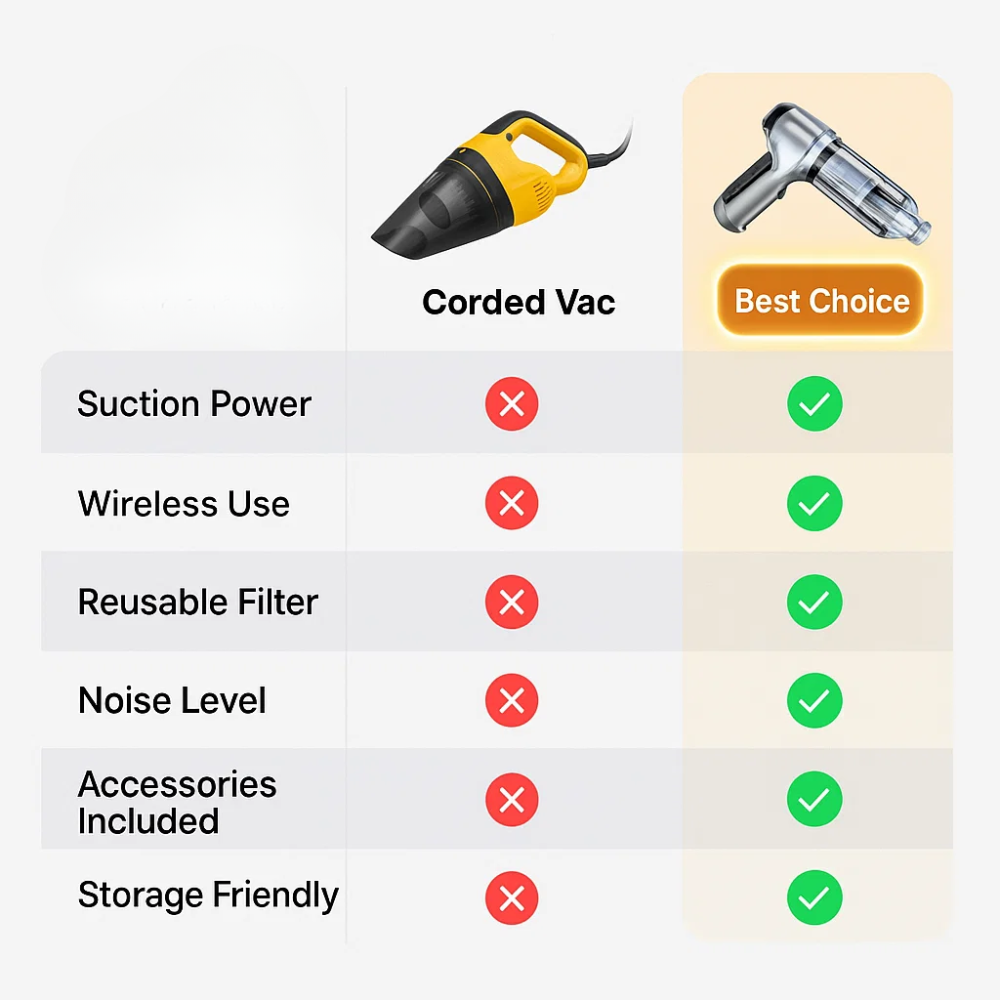 Comparison chart of corded and wireless vacuums with checkmarks indicating features.