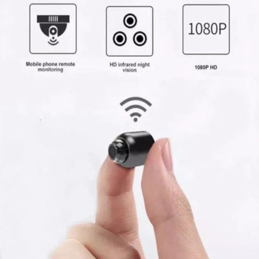Small black camera held between fingers with icons indicating remote monitoring, HD infrared night vision, and 1080P resolution on a white background.