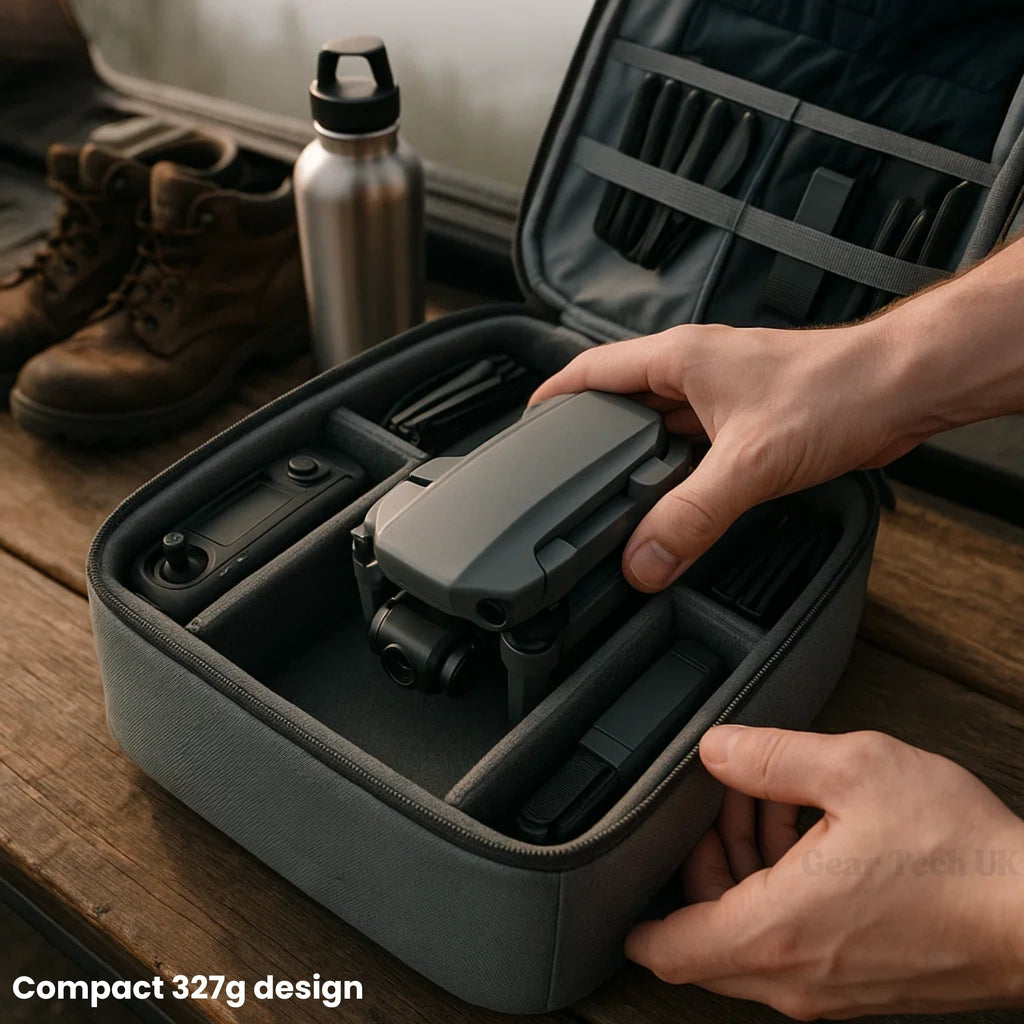Person organizing a compact travel case with a drone inside, on a wooden surface.
