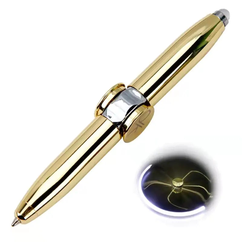 Gold pen with a close-up inset on a white background