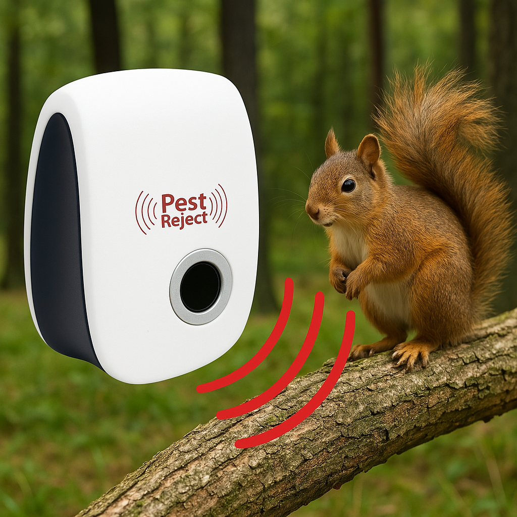 Pest Reject device with a squirrel on a branch in a forest setting