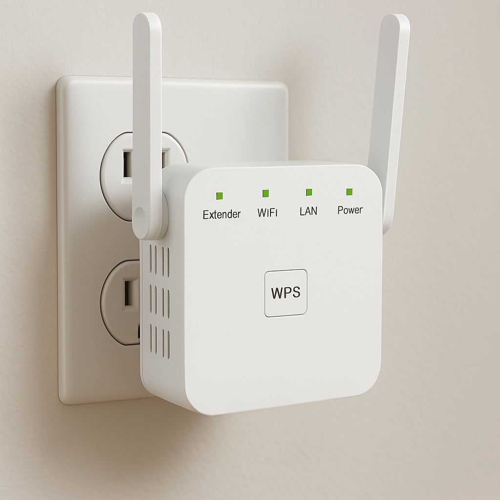 White Wi-Fi range extender with antennas attached to a wall socket.