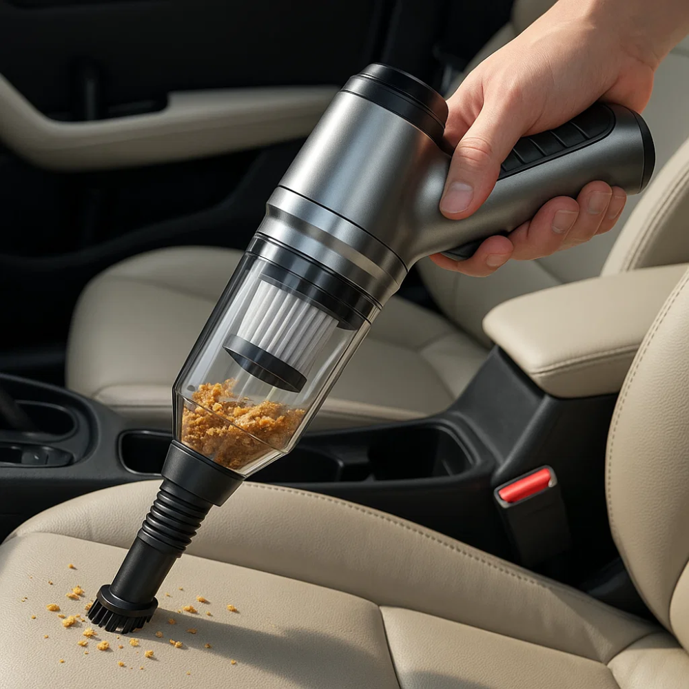 Hand using a handheld vacuum cleaner to clean car interior