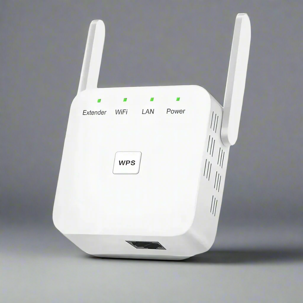 White Wi-Fi range extender with antennas on a gray background