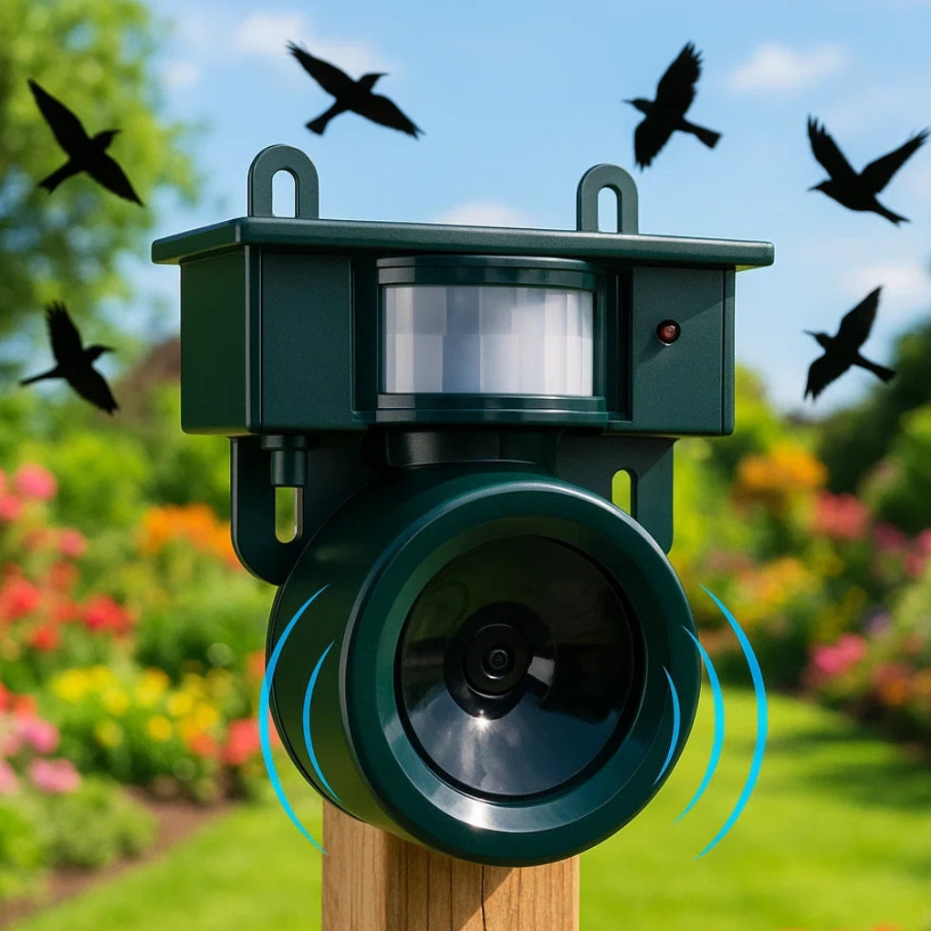 Bird deterrent device with birds flying around it in a garden setting