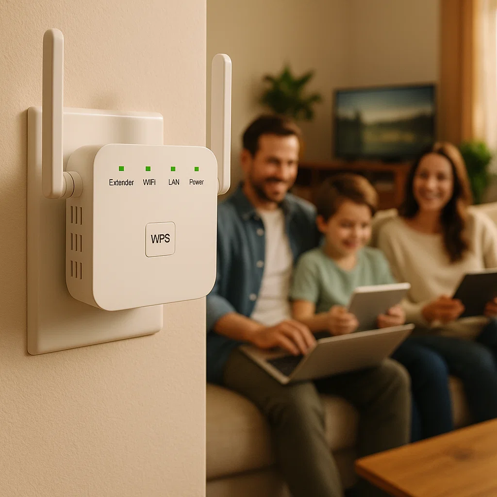 Wi-Fi extender on a wall with a family using electronic devices in the background