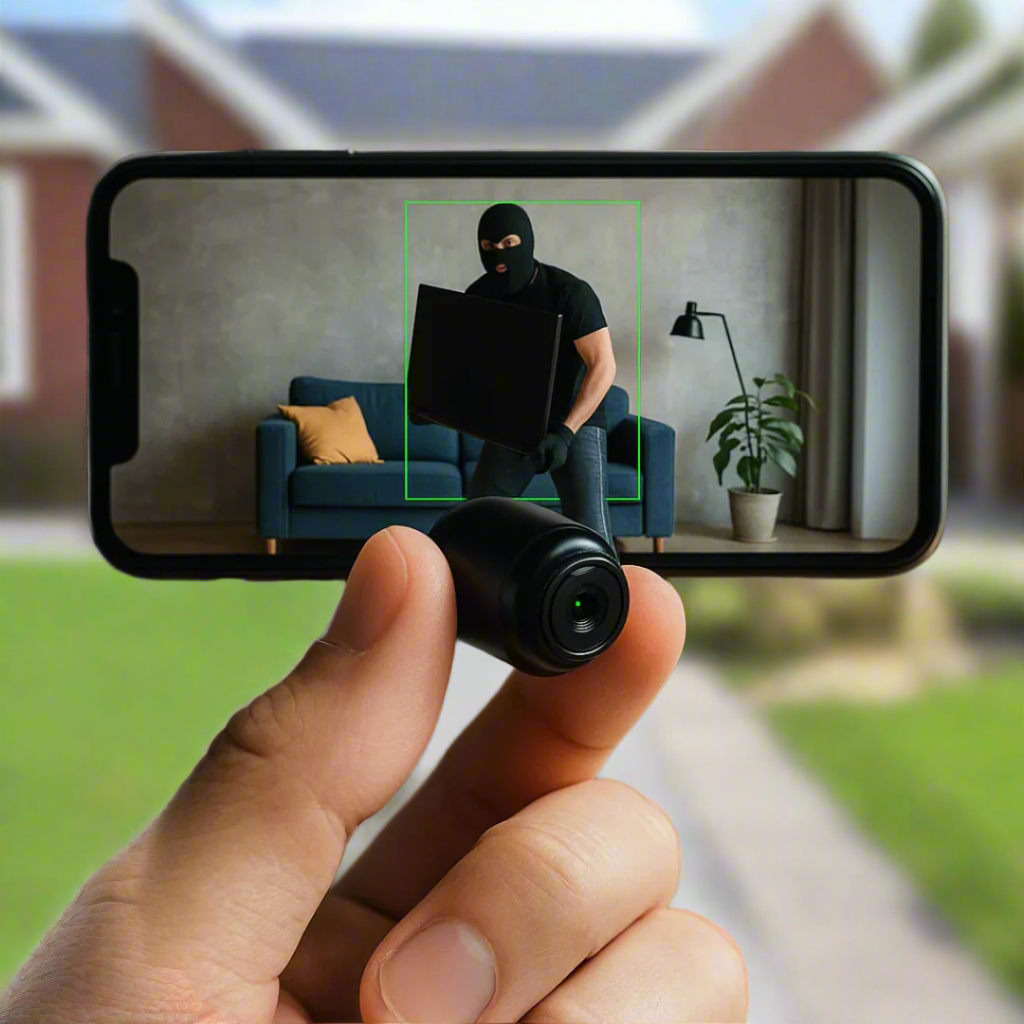 Person holding a smartphone with a security camera app on screen, showing a masked intruder in a living room.