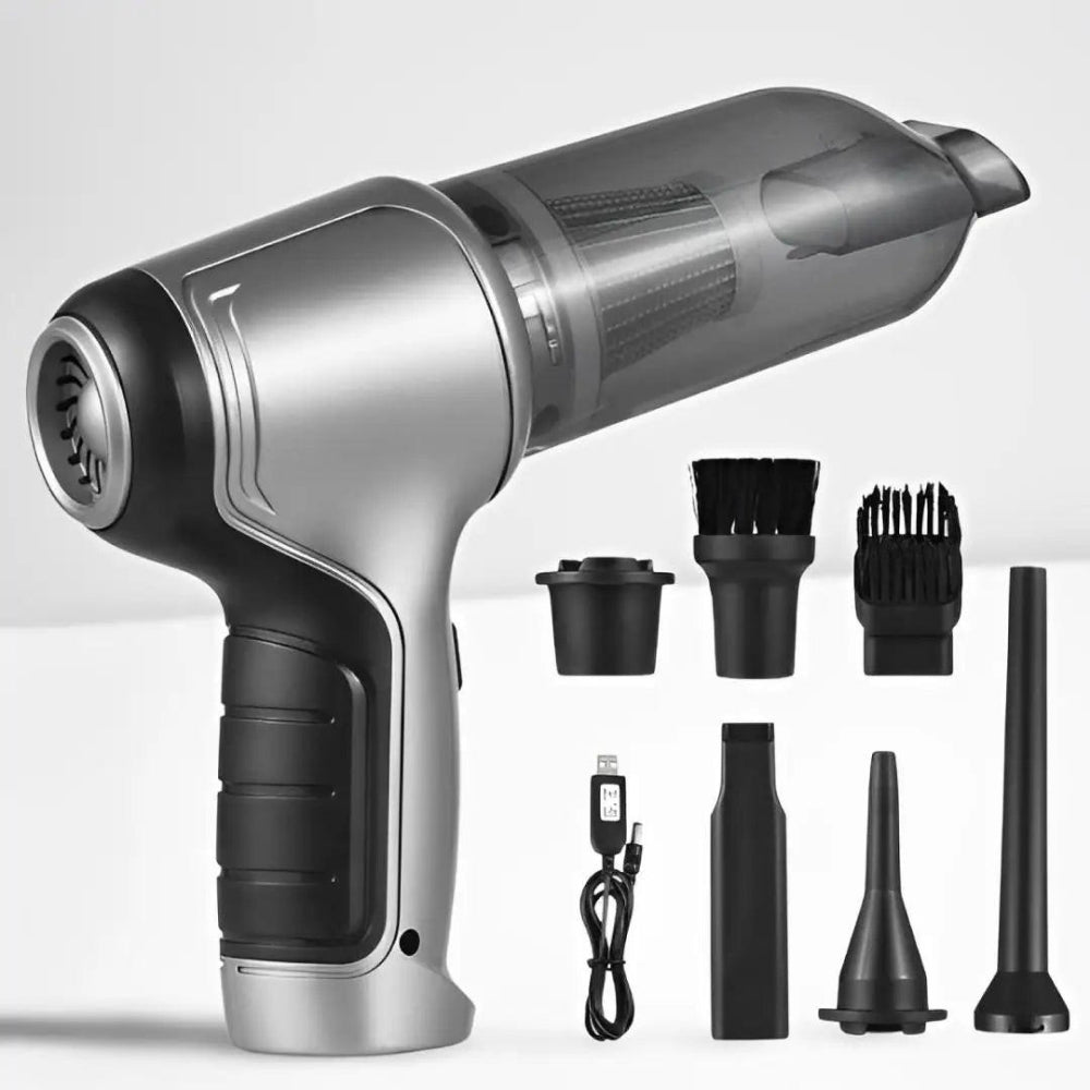 Multi-functional handheld vacuum cleaner with attachments on a white background