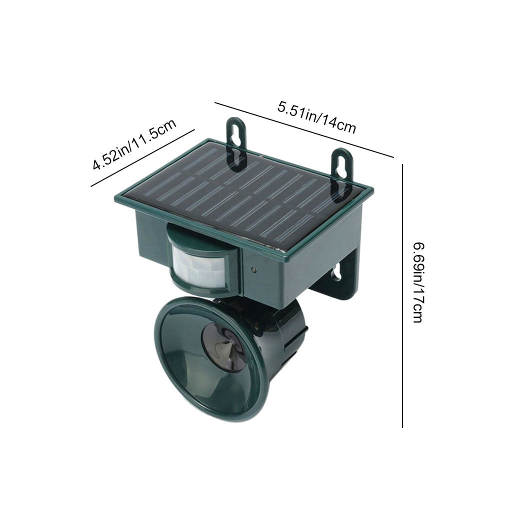 Solar-powered pest control device with dimensions labeled on a white background