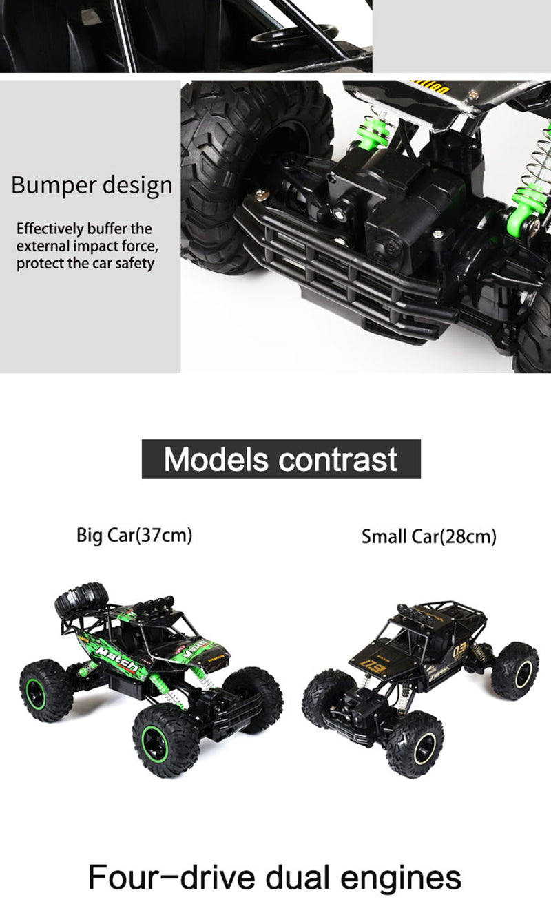 Model of a remote control car with bumper design, size comparison, and engine details.