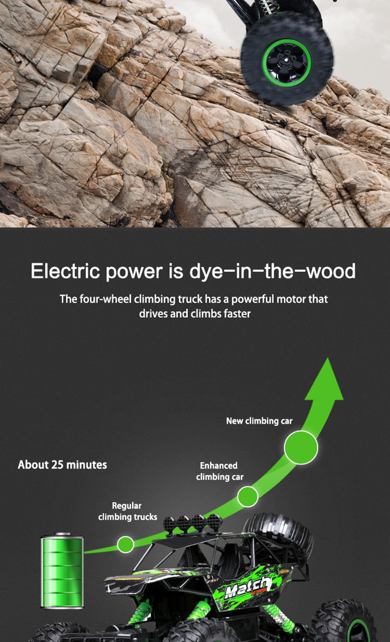 Electric four-wheel climbing truck on rocky terrain with performance improvement chart.