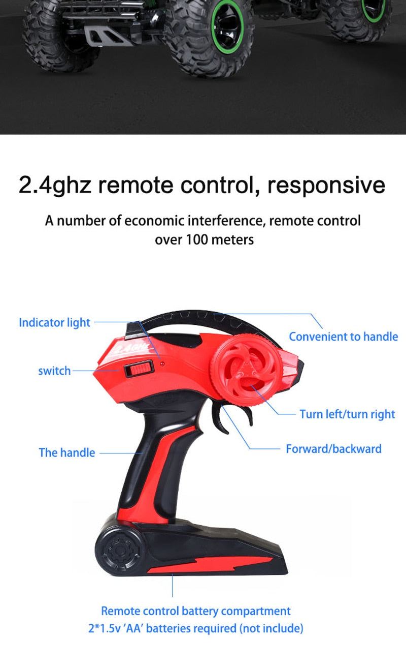 Red and black remote control with features highlighted on a white background