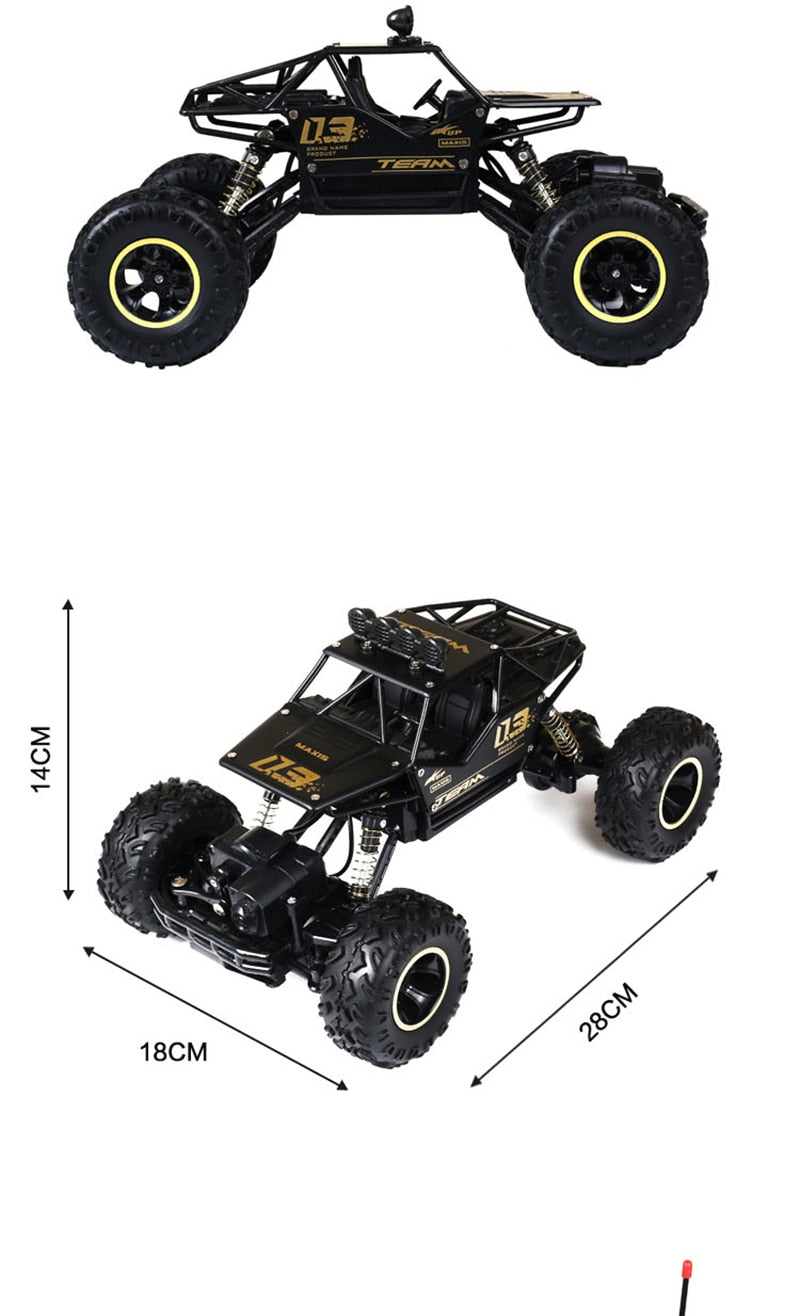 Black and yellow remote control monster truck with measurements on a white background