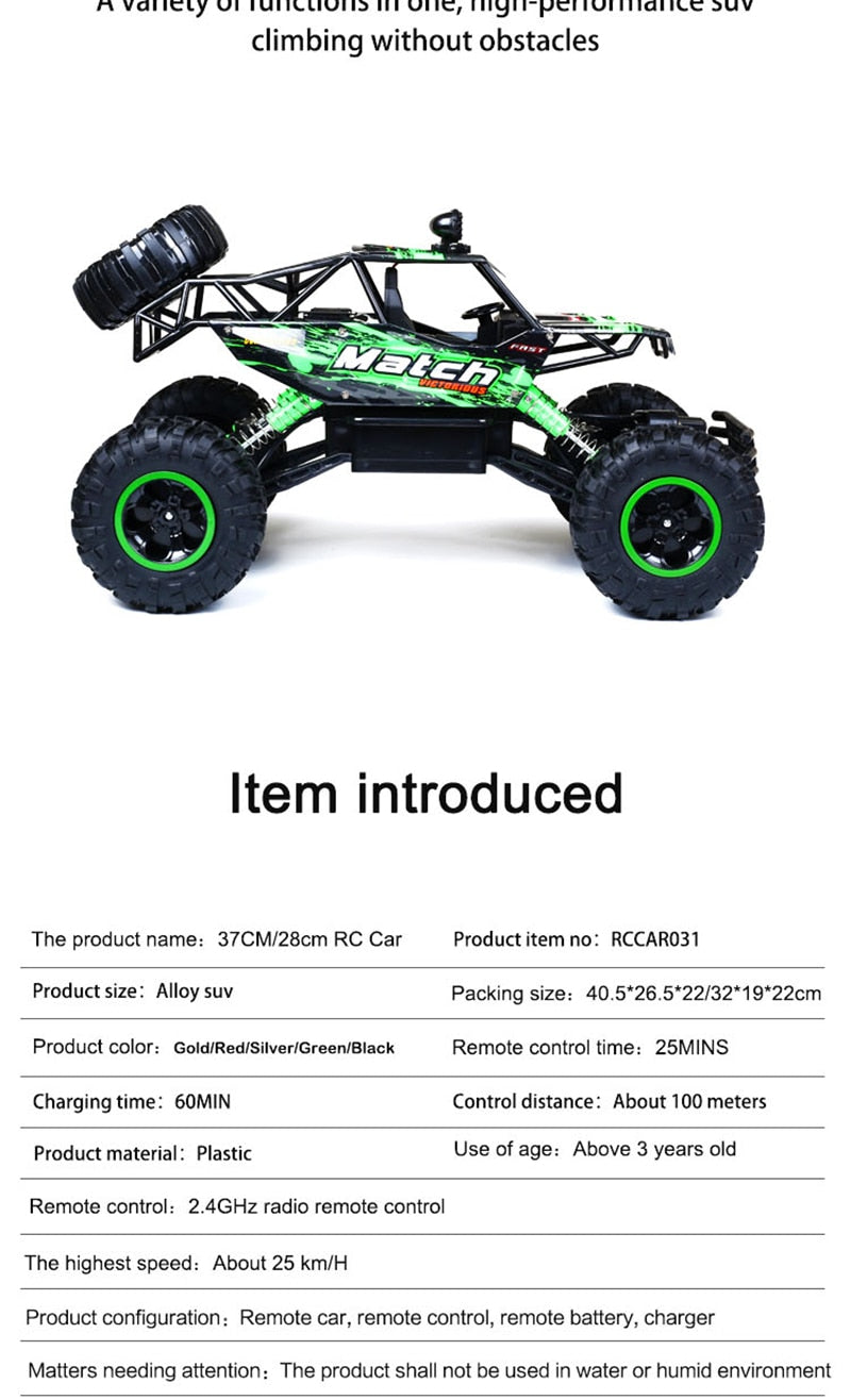 Green and black RC car with text on a white background