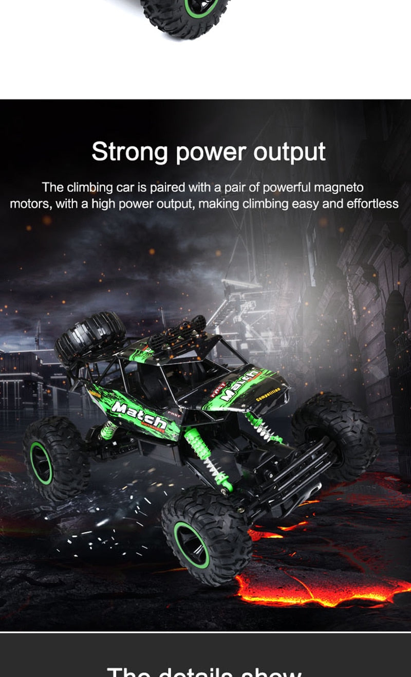 Monster truck with green accents on a dark background, highlighting powerful motors.