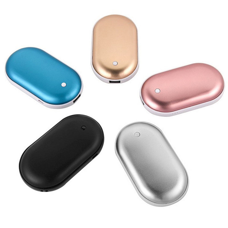 Five portable hand warmers in different colors on a white background
