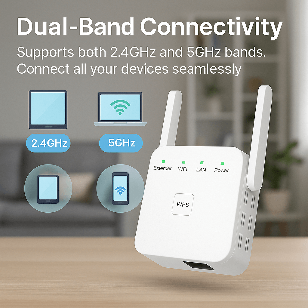 Wireless router with dual-band connectivity features on a blurred indoor background