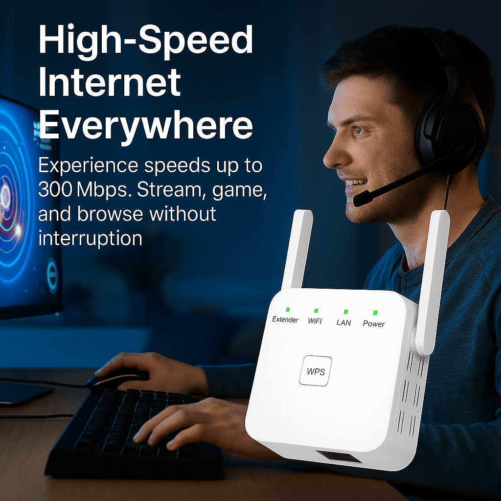 Man using a computer with a router in front of him, emphasizing high-speed internet.